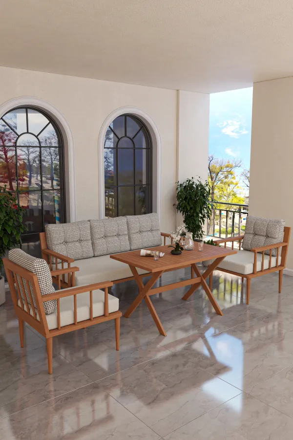 Preda Serisi Masif Fırınlanmış Gürgen Ahşap Bahçe Balkon Takımı 3+1+1+Masa