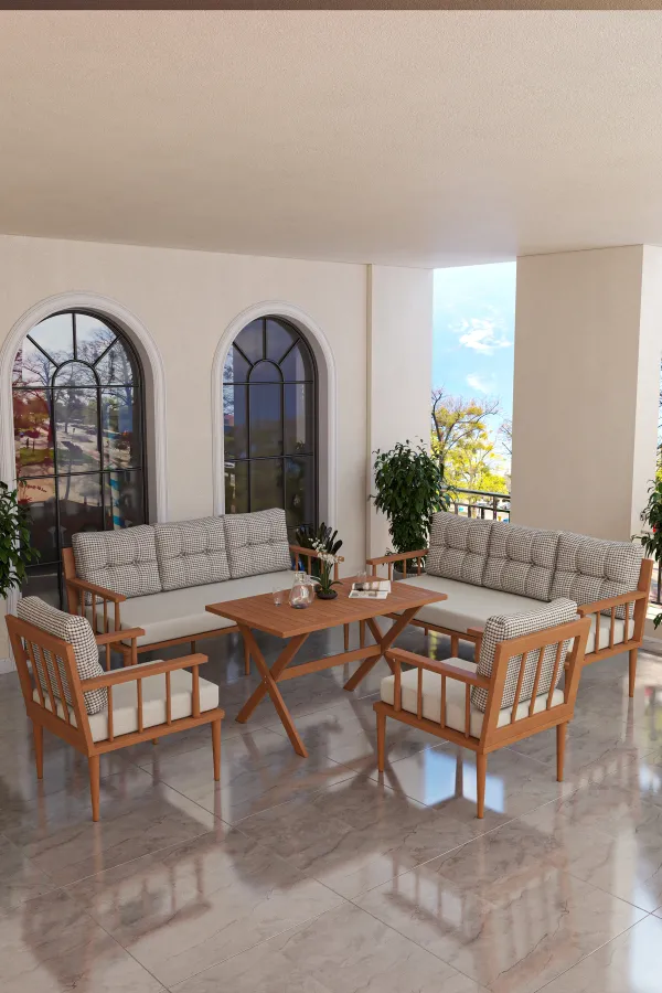 Preda Serisi Masif Fırınlanmış Gürgen Ahşap Bahçe Balkon Takımı 3+3+1+1+Masa