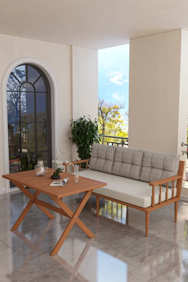 Preda Serisi Masif Fırınlanmış Gürgen Ahşap Bahçe Balkon Takımı 3+Masa