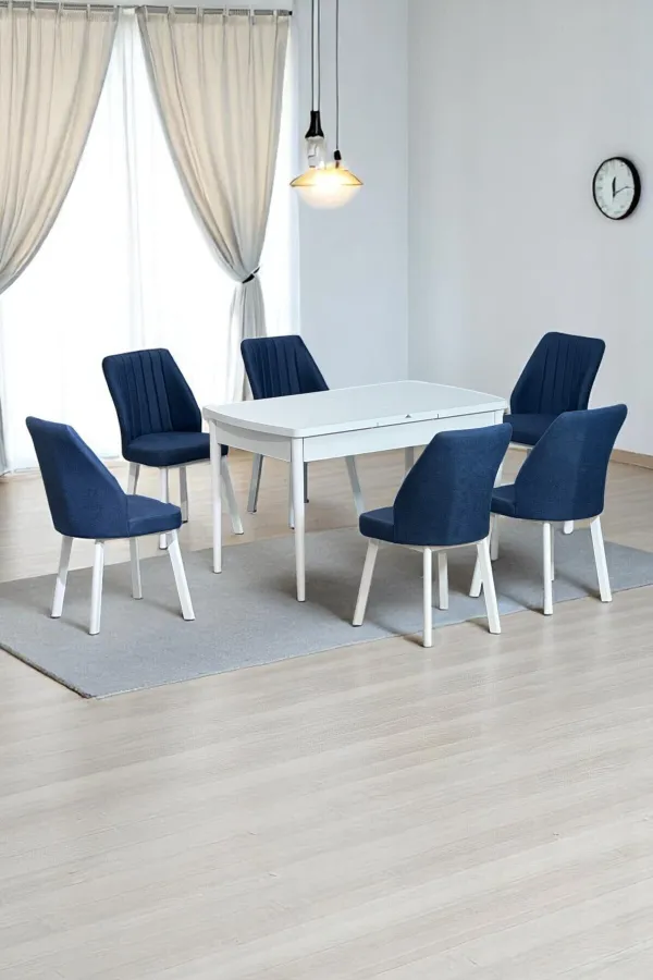 Sera Beyaz 80 x 132 Açılabilen MDF Masa Beyaz Metal Ayaklı Mutfak Masası 6 Lacivert Sandalye