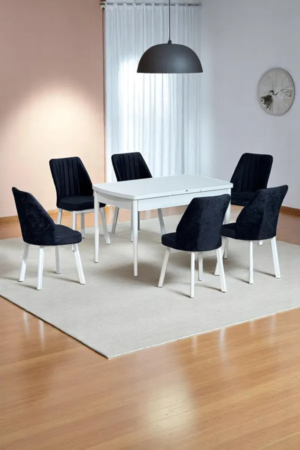 Sera Beyaz 80 x 132 Açılabilen MDF Masa Beyaz Metal Ayaklı Mutfak Masası 6 Siyah Sandalye