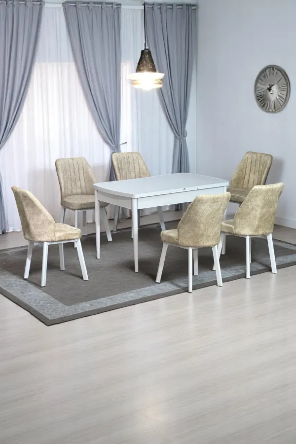 Sera Beyaz 80 x 132 Açılabilen Sunta Masa Beyaz Metal Ayaklı Mutfak Masası 6 Krem Desen Sandalye