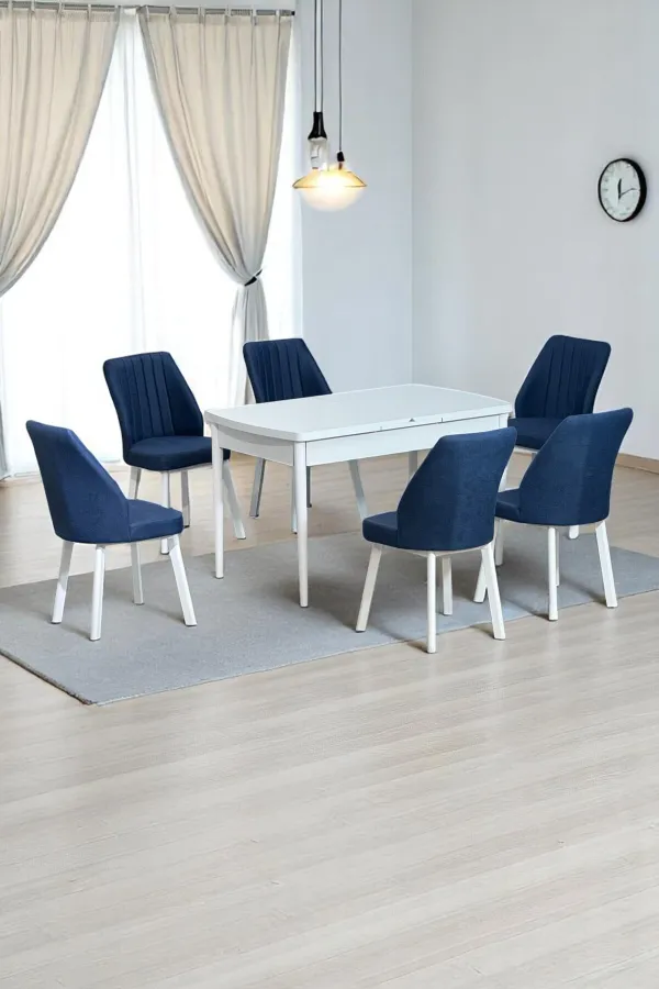 Sera Beyaz 80 x 132 Açılabilen Sunta Masa Beyaz Metal Ayaklı Mutfak Masası 6 Lacivert Sandalye