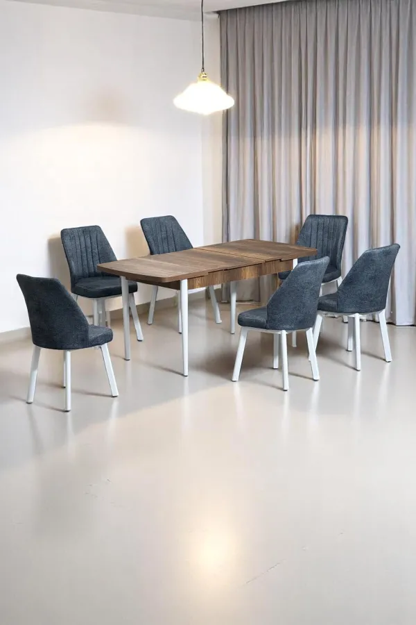 Sera Ceviz 80 x 132 Açılabilen MDF Masa Beyaz Metal Ayaklı Mutfak Masası 6 Kot Füme Sandalye