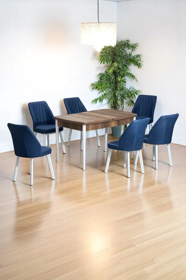 Sera Ceviz 80 x 132 Açılabilen MDF Masa Beyaz Metal Ayaklı Mutfak Masası 6 Lacivert Sandalye