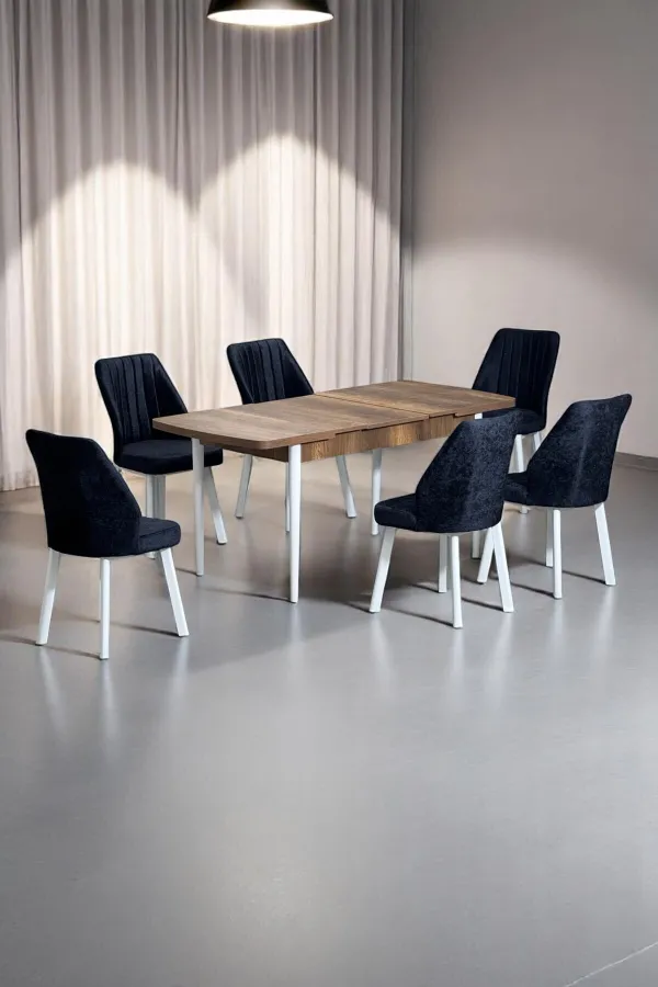 Sera Ceviz 80 x 132 Açılabilen MDF Masa Beyaz Metal Ayaklı Mutfak Masası 6 Siyah Sandalye