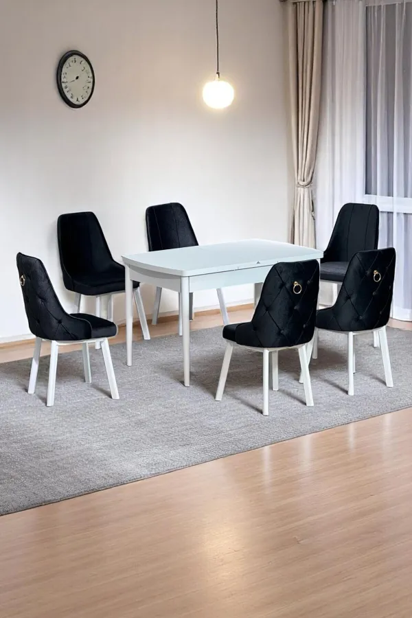 Sonata Beyaz 80 x 132 Açılabilen MDF Masa Metal Ayaklı Mutfak Masası Takımı 6 Antrasit Sandalye