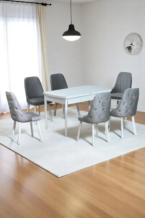 Sonata Beyaz 80 x 132 Açılabilen MDF Masa Metal Ayaklı Mutfak Masası Takımı 6 Gri Sandalye