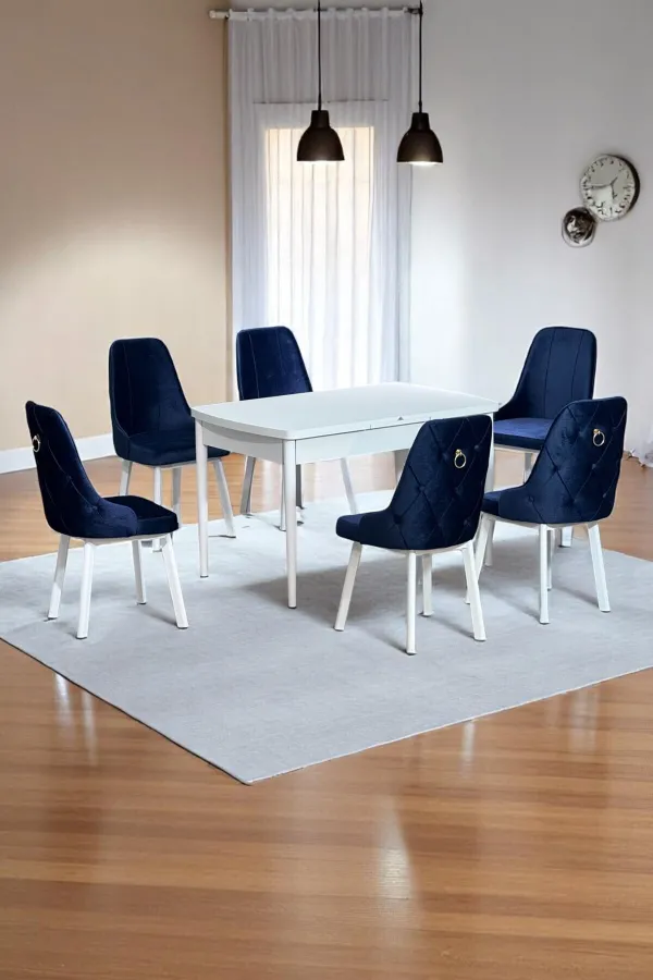 Sonata Beyaz 80 x 132 Açılabilen MDF Masa Metal Ayaklı Mutfak Masası Takımı 6 Lacivert Sandalye