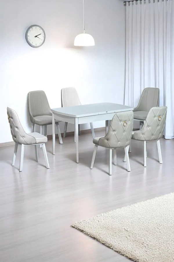 Sonata Beyaz 80 x 132 Açılabilen Sunta Masa Metal Ayaklı Mutfak Masası Takımı 6 Krem Sandalye