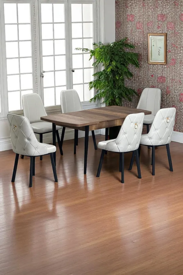 Sonata Ceviz 80 x 132 Açılabilen MDF Masa Siyah Metal Ayaklı Mutfak Masası 6 Krem Sandalye