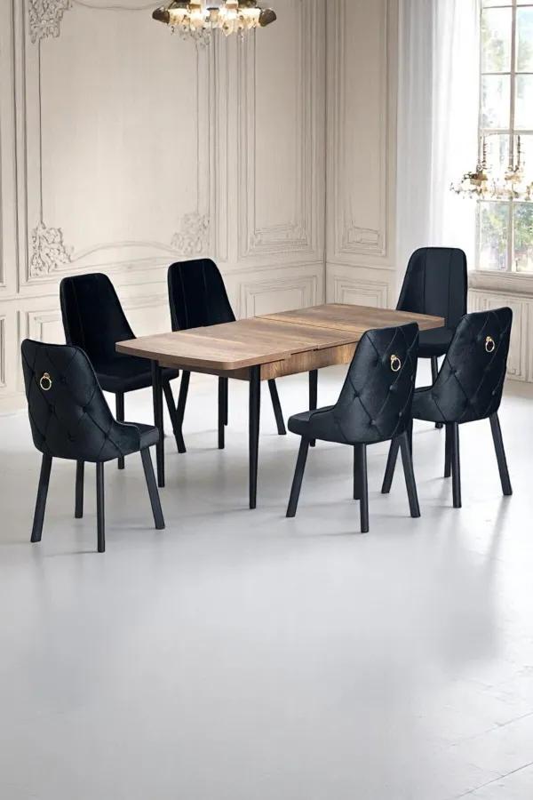 Sonata Ceviz 80 x 132 Açılabilen MDF Masa Siyah Metal Ayaklı Mutfak Masası Takımı 6 Antrasit Gri