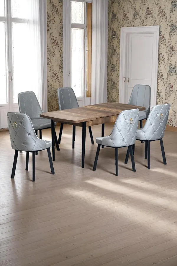 Sonata Ceviz 80 x 132 Açılabilen MDF Masa Siyah Metal Ayaklı Mutfak Masası Takımı 6 Gri Sandalye