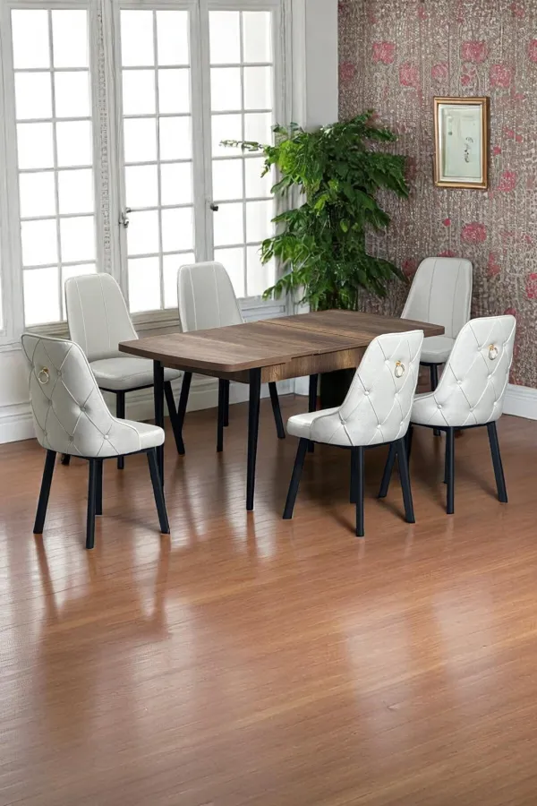 Sonata Ceviz 80 x 132 Açılabilen Sunta Masa Siyah Metal Ayaklı Mutfak Masası 6 Krem Sandalye