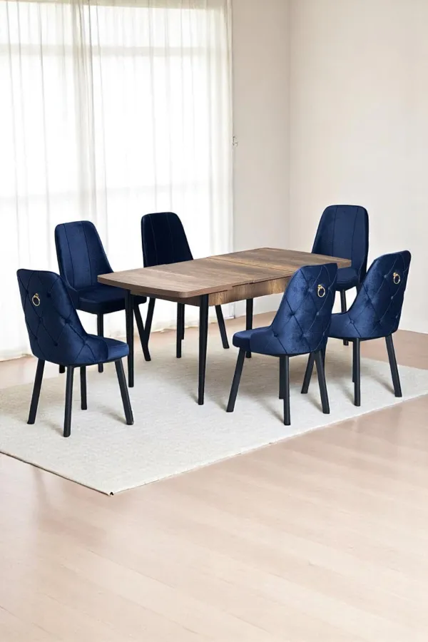 Sonata Ceviz 80 x 132 Açılabilen Sunta Masa Siyah Metal Ayaklı Mutfak Masası 6 Lacivert Sandalyeli