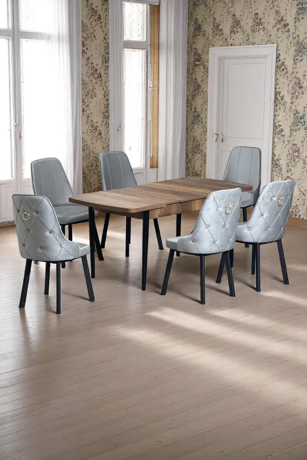Sonata Ceviz 80 x 132 Açılabilen Sunta Masa Siyah Metal Ayaklı Mutfak Masası Takımı 6 Gri Sandalye