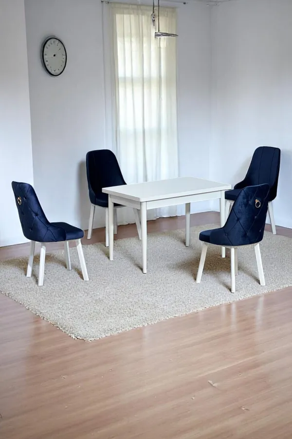 Still Beyaz MDF 70x110 Sabit Mutfak Masası Takımı Beyaz Metal Ayak 4 Lacivert Sandalye
