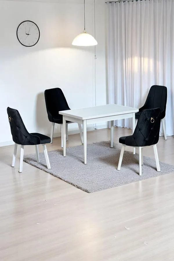 Still Beyaz MDF 70x110 Sabit Mutfak Masası Takımı Beyaz Metal Ayak 4 Siyah Sandalye