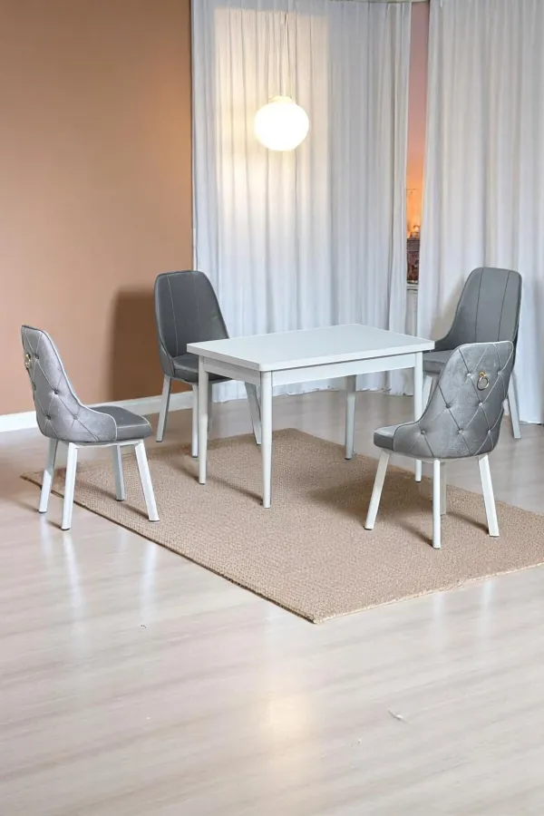 Still Beyaz Sunta 70x110 Sabit Mutfak Masası Takımı Beyaz Metal Ayak 4 Gri Sandalye