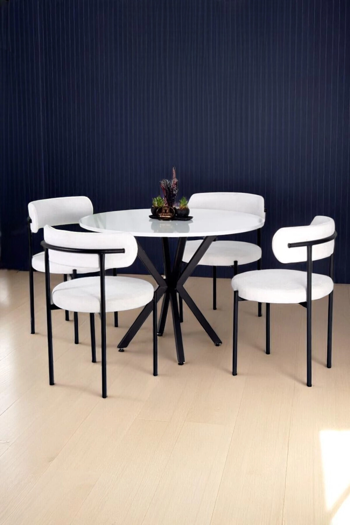 Teddy Mutfak Masa Takımı | 4 Sandalye - 1 Adet 90 X 90 Masa - Pufuduk Teddy Kumaş - Beyaz Renk-1