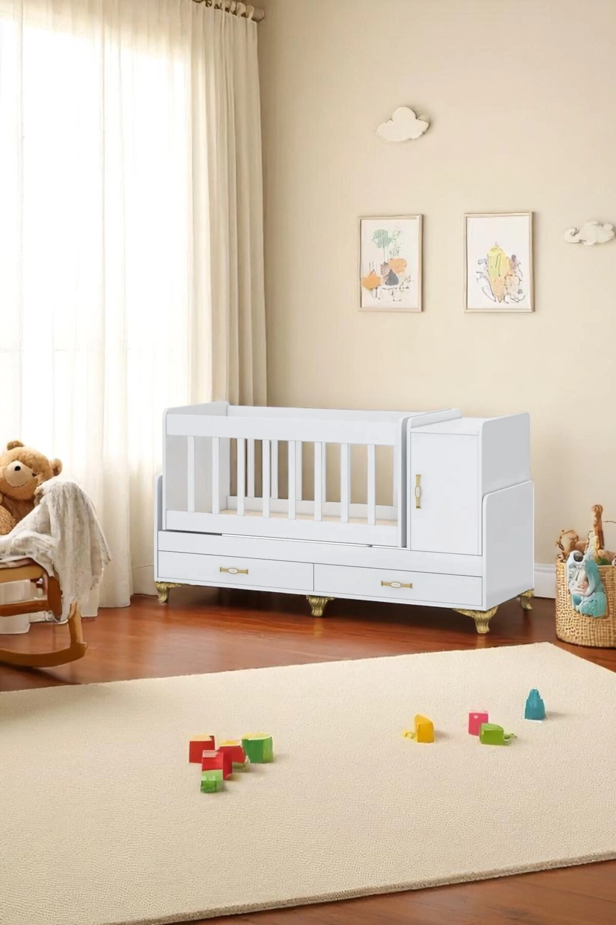 Uyku Setli, Yataklı, Mdf Korkuluklu, Anne Yanı, Dolaplı, Çekmeceli, Büyüyen, Sallanır Beşik-1