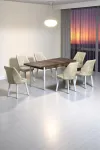 Sera Ceviz 80 x 132 Açılabilen MDF Masa Beyaz Metal Ayaklı Mutfak Masası 6 Krem Sandalye-0
