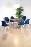 Sera Ceviz 80 x 132 Açılabilen MDF Masa Beyaz Metal Ayaklı Mutfak Masası 6 Lacivert Sandalye-0