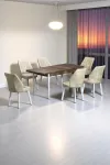 Sera Ceviz 80 x 132 Açılabilen Sunta Masa Beyaz Metal Ayaklı Mutfak Masası 6 Krem Sandalye