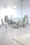 Sonata Beyaz 80 x 132 Açılabilen MDF Masa Metal Ayaklı Mutfak Masası Takımı 6 Krem Sandalye