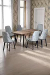 Sonata Ceviz 80 x 132 Açılabilen MDF Masa Siyah Metal Ayaklı Mutfak Masası Takımı 6 Gri Sandalye